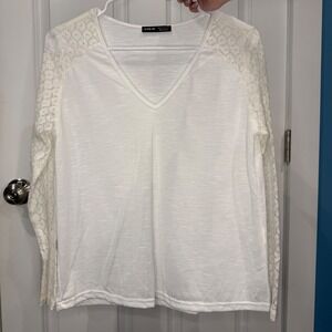 SHEIN Women V-Neck Slub Knit Top with Floral Lace Long Sleeves Size XS